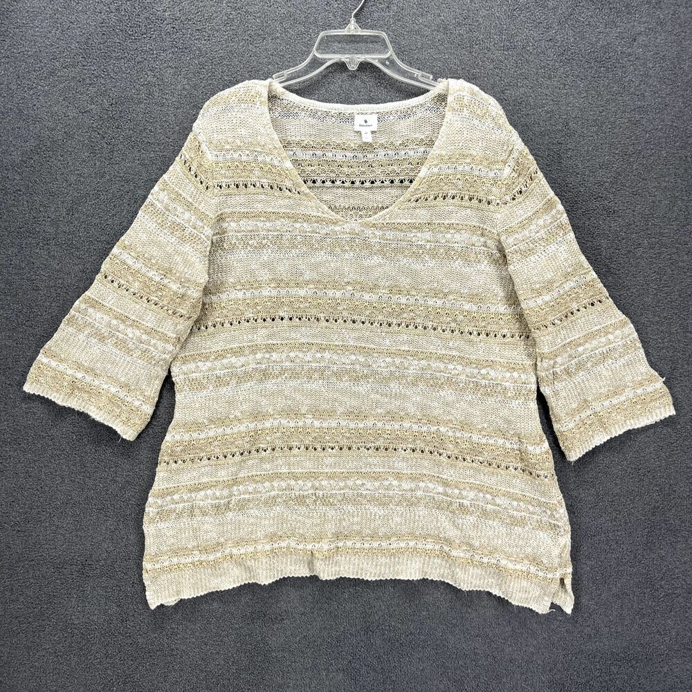 Dressbarn Top Womens 2X Beige‎ Striped Open Knit Scoop Neck 3/4 Sleeve